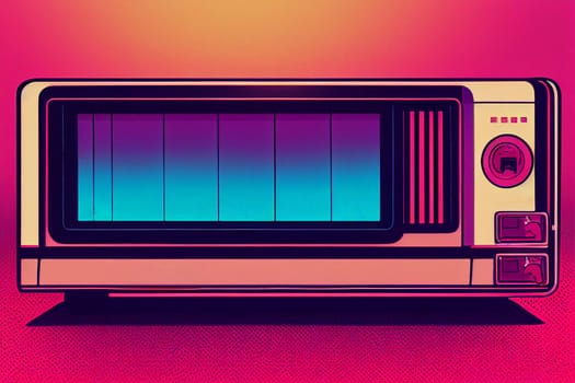Radio tape recorder in retrowave 80s style, vibrant colors, music technology, cassette player, generative ai