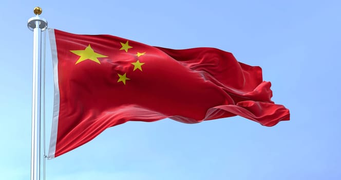 Close-up view of the China national flag waving on a clear day. People's Republic of China is a country in East Asia. Realistic 3D illustration