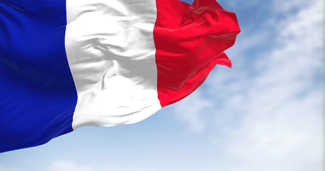 Close-up view of the France national flag waving on a clear day. The Republic of France is a country in western Europe. Realistic 3D illustration
