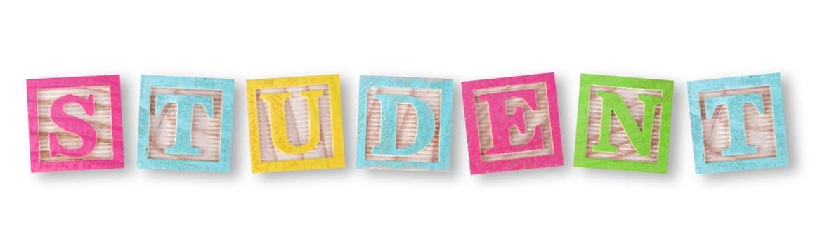 A student concept with childs wood blocks on white with clipping path to remove shadow