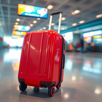 Red suitcase in the airport building. High quality photo