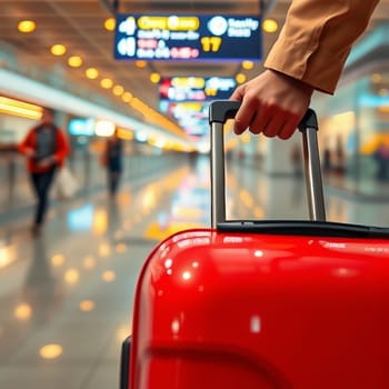 Red suitcase in the airport building. High quality photo