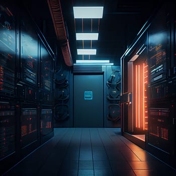 Interior server room / data center for communications, technology, research, computers, internet, etc.