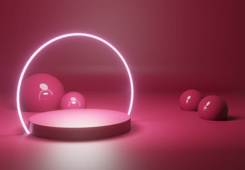 Illuminated pedestal with decoration in magenta, color of the year 2023, mock up template concept, 3d rendering