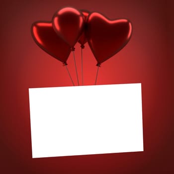 Four shiny balloons with a blank card on a red gradient background, 3d rendering