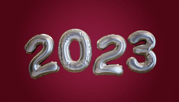 Silver Balloons with the year number 2023, Realistic 3D Rendering on a magenta background