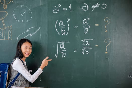 Education Back to school concept. Asian school girl in uniform with backpack on classroom pointing up finger on blackboard, primary child is standing front of class in school thinking of great ideas