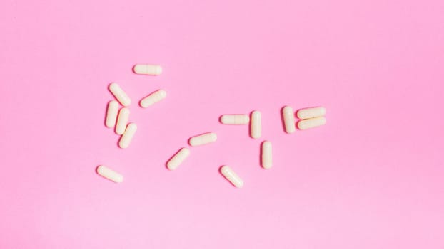 Medicine debate concept. Biotechnology banner with pills. Copy space for text. flatlay.