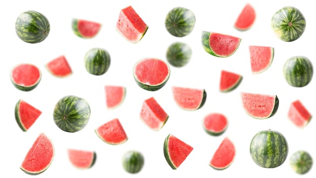 Creative levitation seamless pattern with many ripe whole and sliced watermelon. Selective focus.