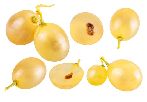 Isolated fruits. Collection of six whole and sliced grapes isolated on white with clipping path as package design element and advertising. Full depth of field.