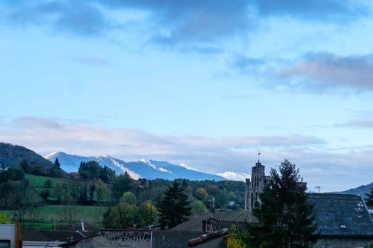 a view of the bell tower of church of Saint Girons in Ariege