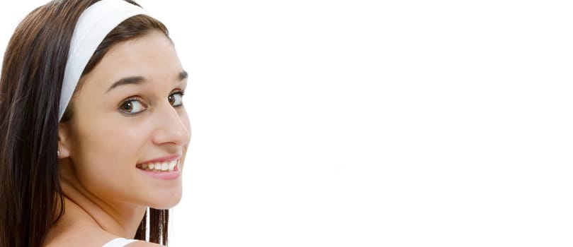 a portrait of smiling young brunette on white