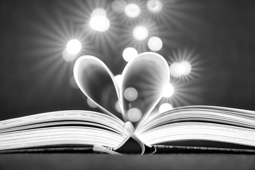 opened buck with sides that are beaten to the heart. Light spot by fairy lights in background with soft bokeh. Love novel for romance.