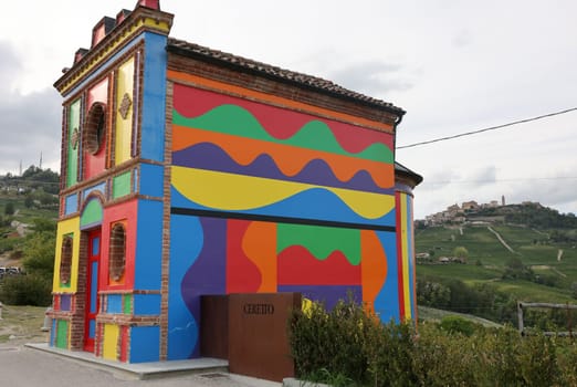 La Morra, Piedmont, Italy - Sept 8, 2022:  The Chapel of the Madonna delle Grazie. Most commonly Cappella del Barolo or Cappella delle Brunate near La Morra, Langhe region, Piedmont, Italy