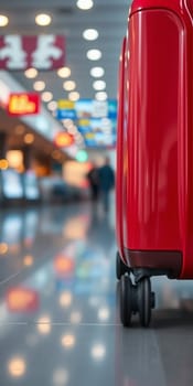 Red suitcase in the airport building. High quality photo