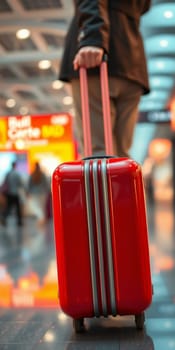 Red suitcase in the airport building. High quality photo