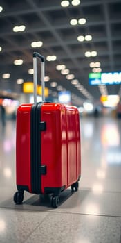 Red suitcase in the airport building. High quality photo