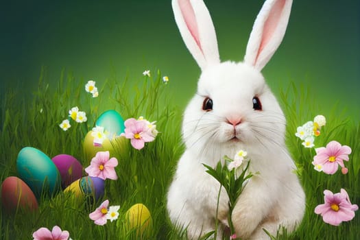 Easter bunny or rabbit, spring meadow with colorful eggs in a basket and flowers, holiday greeting card, generative ai
