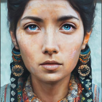 Portrait of a young woman in traditional clothes, dark hair, blue eyes, generative ai