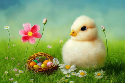 Easter chick, spring meadow with colorful eggs in a basket and flowers, holiday greeting card