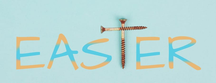 Religious cross made from rusted nails, christian belief, faith and spirituality, crucifixion and resurrection of Jesus Christ at Easter