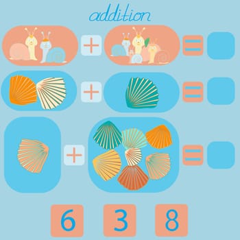 count the snails and shells in the picture and put the right number in the rebus for children under 6 years old