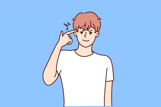 Man touches temple with finger wanting to show presence of idea or important thoughts. Young guy in t-shirt with smile makes gesture of gun by bringing hand to head. Flat vector image