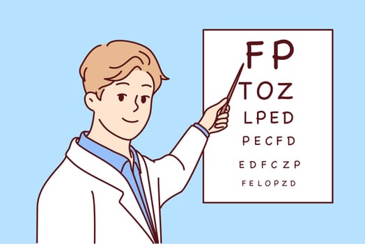 Man doctor holds out pointer to poster with letters for checking eyesight of patients. Positive ophthalmologist in white coat works in clinic helping to treat eye diseases. Flat vector illustration