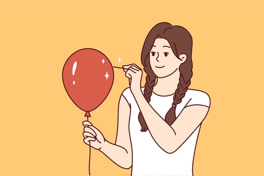 Young woman pierces balloon with needle and looks forward smiling. Teenager girl in casual clothes wanting to scare someone wants to burst red inflatable balloon. Flat vector illustration