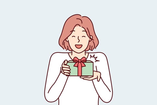Happy woman holding gift box rejoicing in birthday or Christmas surprise received. Smiling girl in casual T-shirt holds out box with bow to congratulate loved one on holiday. Flat vector design