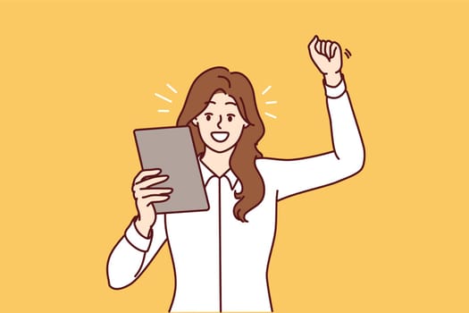 Happy woman raising hand making victory gesture and looking at electronic tablet. Positive businesswoman in white shirt rejoices after reading e-mail message from partners. Flat vector design