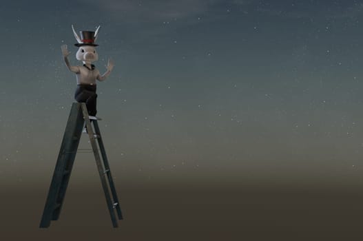Rabbit  On Step Ladder . concept HAPPY NEW YEAR , EASTER DAY .