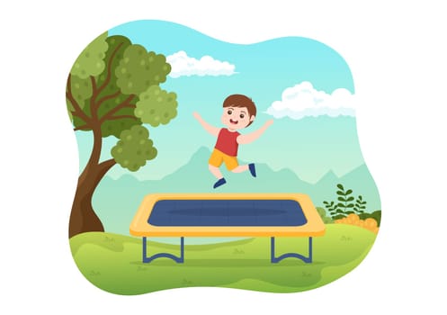 Trampoline Illustration with Little Kids Jumping On a Trampolines in Hand Drawn Flat Cartoon Summer Outdoor Activity Background Template