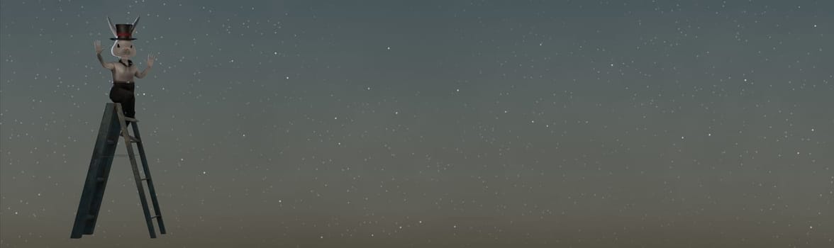 Rabbit  On Step Ladder . concept HAPPY NEW YEAR , EASTER DAY .  banner size . space for text