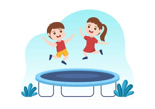 Trampoline Illustration with Little Kids Jumping On a Trampolines in Hand Drawn Flat Cartoon Summer Outdoor Activity Background Template