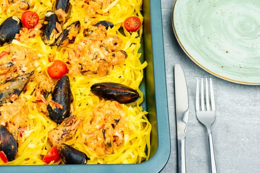 Pasta spaghetti with seafood. Cooking mediterranean food