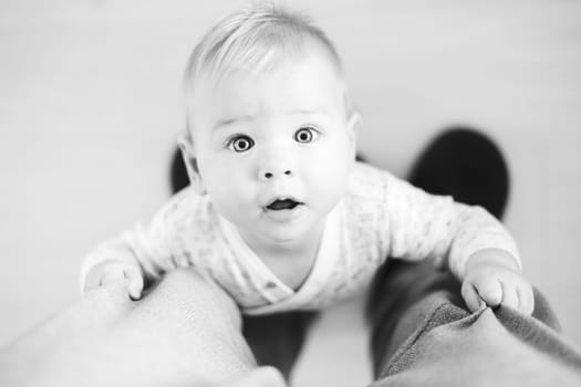 Top down view of cheerful baby boy infant taking first steps holding to father's sweatpants at home. Cute baby boy learning to walk.
