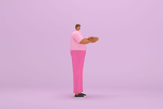 The black man with pink clothes.  He is expression  of body and hand when talking. 3d illustrator of cartoon character in acting.