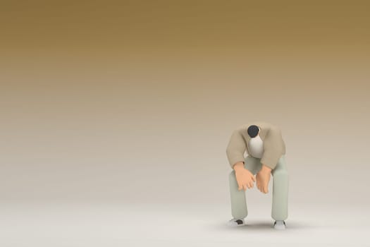 A man with glasses wearing brown cloth.  He is sad or in pain. 3d rendering of cartoon character in acting.