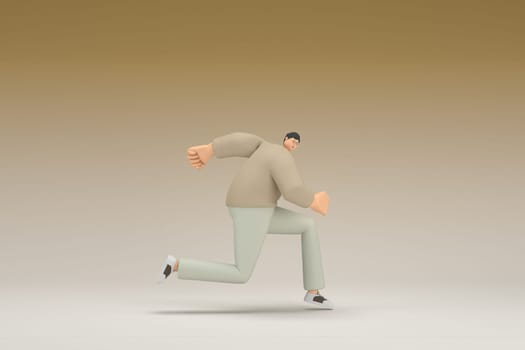 A man with glasses wearing brown cloth is running.  3d rendering of cartoon character in acting.