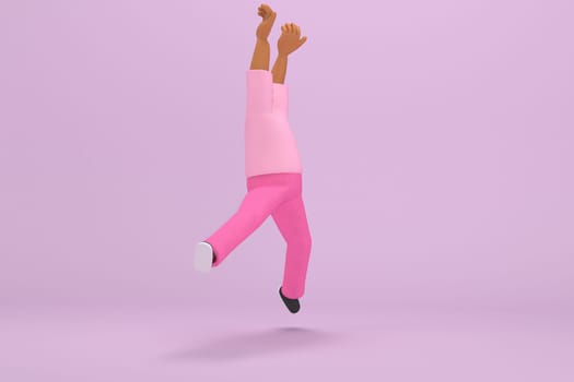 The black man with pink clothes.  He is jumping. 3d rendering of cartoon character in acting.