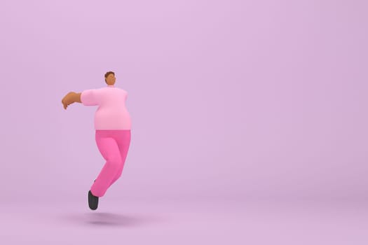 The black man with pink clothes.  He is jumping. 3d illustrator of cartoon character in acting.