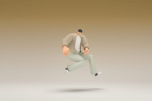 A man with glasses wearing brown cloth is running.  3d rendering of cartoon character in acting.