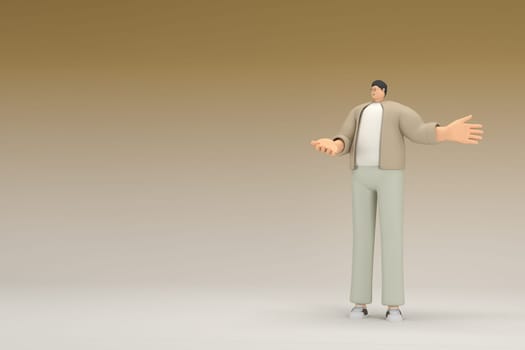 A man with glasses wearing brown cloth. He is expression of hand when talking. 3d rendering of cartoon character in acting.