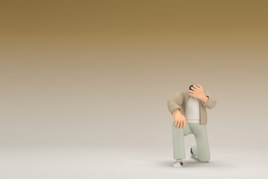 A man with glasses wearing brown cloth.  He is sad or in pain. 3d rendering of cartoon character in acting.