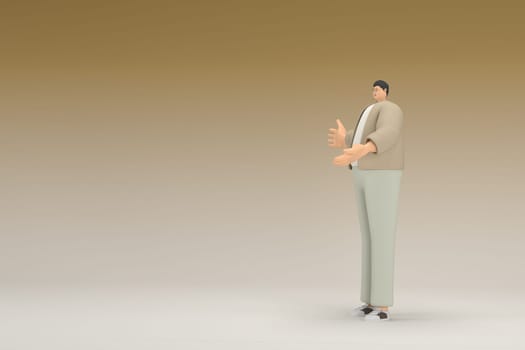 A man with glasses wearing brown cloth. He is expression of hand when talking. 3d rendering of cartoon character in acting.
