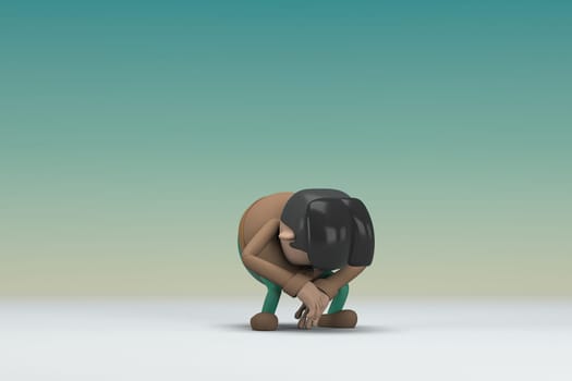 The man  with mustache wearing a brown long sleeve shirt green pants.  He is sad or in pain. 3d illustrator of cartoon character in acting.