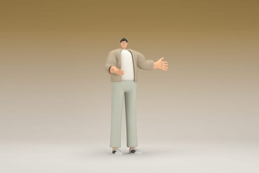 A man with glasses wearing brown cloth. He is expression of hand when talking. 3d rendering of cartoon character in acting.