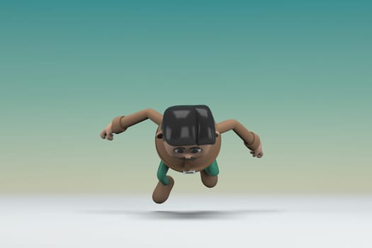 The man  with mustache wearing a brown long shirt green pants. He is falling down. 3d illustrator of cartoon character in acting.