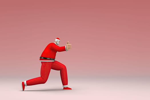 A man wearing Santa Claus costume.  He is pulling or pushing something. 3d rendering of cartoon character in acting.